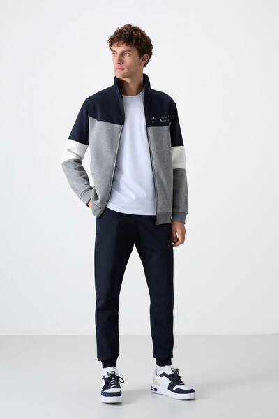 Tommylife Wholesale Standard Fit Zippered Sweat Men's Tracksuit Set 85186 Gray Melange - Navy Blue - Thumbnail