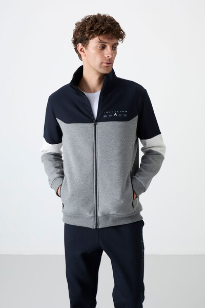 Tommylife Wholesale Standard Fit Zippered Sweat Men's Tracksuit Set 85186 Gray Melange - Navy Blue - Thumbnail