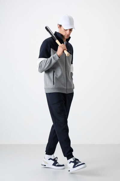 Tommylife Wholesale Standard Fit Zippered Sweat Men's Tracksuit Set 85186 Gray Melange - Navy Blue - Thumbnail