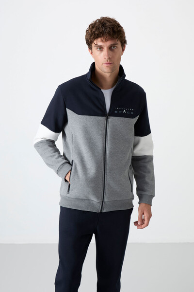 Tommylife Wholesale Standard Fit Zippered Sweat Men's Tracksuit Set 85186 Gray Melange - Navy Blue - Thumbnail