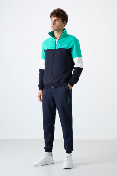 Tommylife Wholesale Standard Fit Zippered Sweat Men's Tracksuit Set 85186 Indigo - Thumbnail