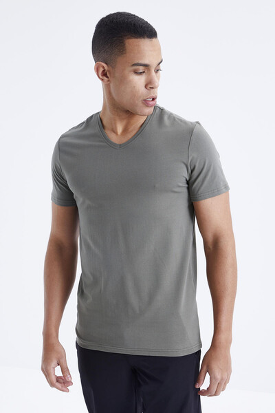 Tommylife Wholesale V Neck Standard Fit Basic Men's T-Shirt 87912 Almond Green - Thumbnail