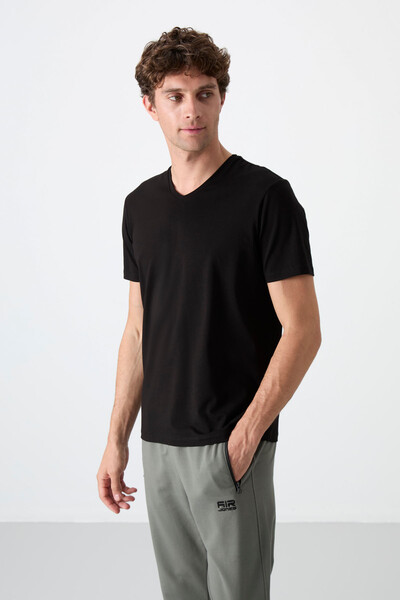 Tommylife Wholesale V Neck Standard Fit Basic Men's T-Shirt 87912 Black - Thumbnail