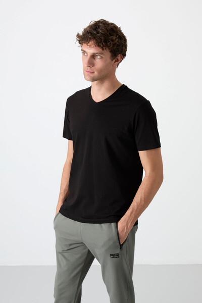 Tommylife Wholesale V Neck Standard Fit Basic Men's T-Shirt 87912 Black - Thumbnail