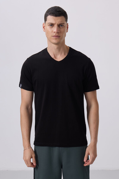 Tommylife Wholesale V Neck Standard Fit Basic Men's T-Shirt 87912 Black - Thumbnail