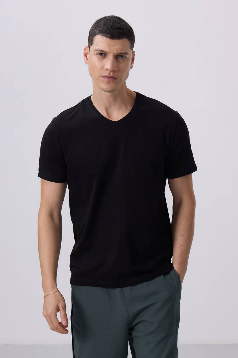 TOMMYLIFE - Tommylife Wholesale V Neck Standard Fit Basic Men's T-Shirt 87912 Black