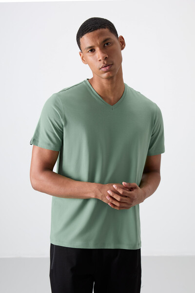 Tommylife Wholesale V Neck Standard Fit Basic Men's T-Shirt 87912 Cactus - Thumbnail