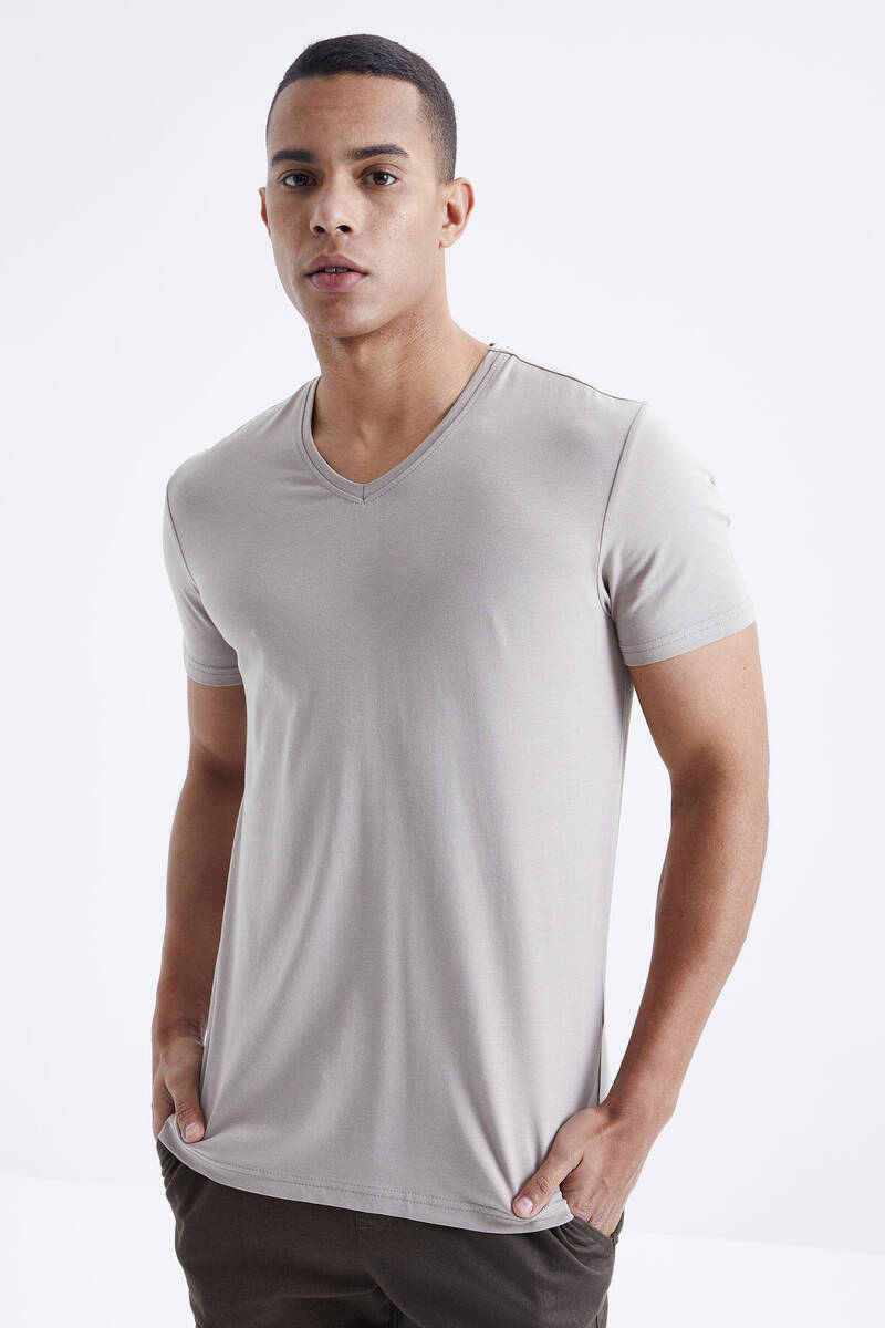 TOMMYLIFE - Tommylife Wholesale V Neck Standard Fit Basic Men's T-Shirt 87912 Dark Beige