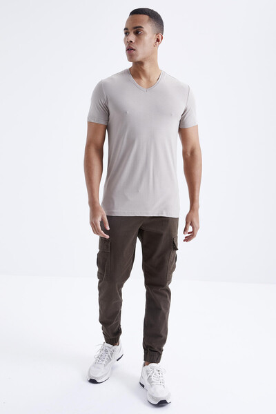 Tommylife Wholesale V Neck Standard Fit Basic Men's T-Shirt 87912 Dark Beige - Thumbnail