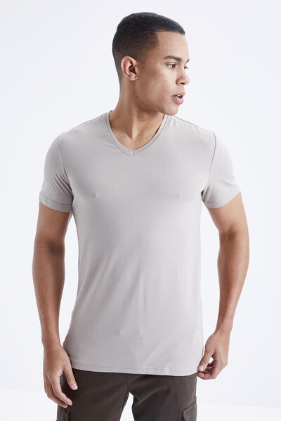 Tommylife Wholesale V Neck Standard Fit Basic Men's T-Shirt 87912 Dark Beige - Thumbnail