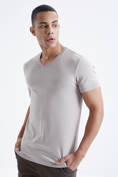Tommylife Wholesale V Neck Standard Fit Basic Men's T-Shirt 87912 Dark Beige - Thumbnail