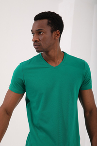 Tommylife Wholesale V Neck Standard Fit Basic Men's T-Shirt 87912 Dark Green - Thumbnail