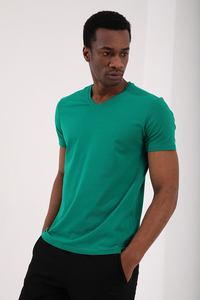 Tommylife Wholesale V Neck Standard Fit Basic Men's T-Shirt 87912 Dark Green - Thumbnail