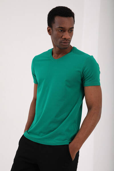 TOMMYLIFE - Tommylife Wholesale V Neck Standard Fit Basic Men's T-Shirt 87912 Dark Green