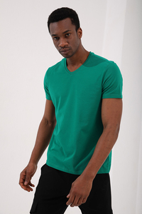 Tommylife Wholesale V Neck Standard Fit Basic Men's T-Shirt 87912 Dark Green - Thumbnail