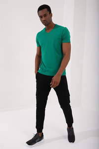 Tommylife Wholesale V Neck Standard Fit Basic Men's T-Shirt 87912 Dark Green - Thumbnail