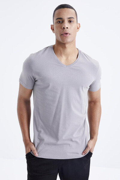 Tommylife Wholesale V Neck Standard Fit Basic Men's T-Shirt 87912 Gray - Thumbnail