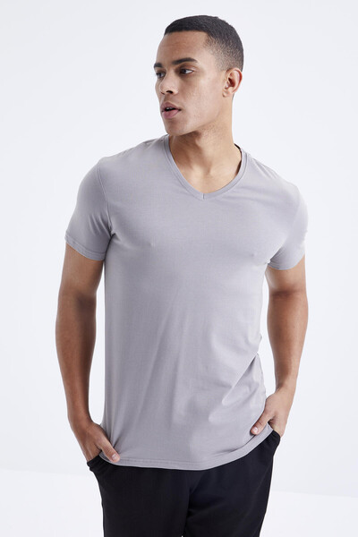 Tommylife Wholesale V Neck Standard Fit Basic Men's T-Shirt 87912 Gray - Thumbnail