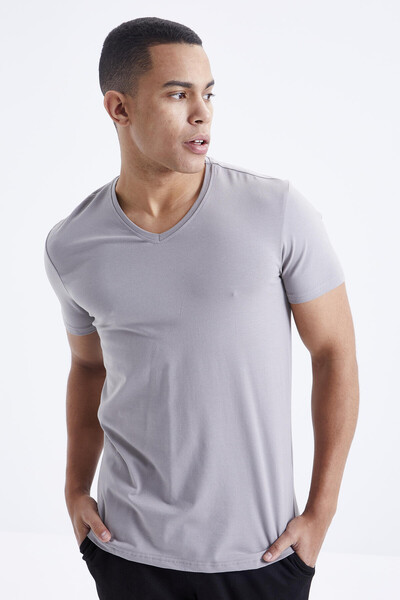 Tommylife Wholesale V Neck Standard Fit Basic Men's T-Shirt 87912 Gray - Thumbnail