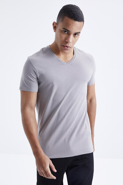 Tommylife Wholesale V Neck Standard Fit Basic Men's T-Shirt 87912 Gray - Thumbnail