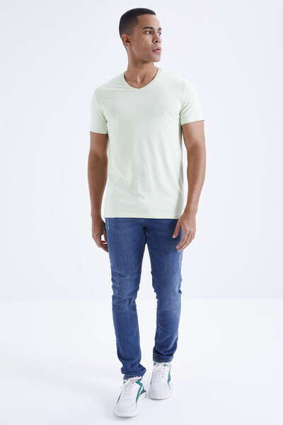 Tommylife Wholesale V Neck Standard Fit Basic Men's T-Shirt 87912 Light Green - Thumbnail