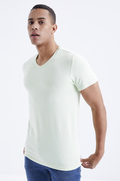 Tommylife Wholesale V Neck Standard Fit Basic Men's T-Shirt 87912 Light Green - Thumbnail