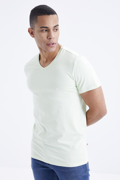 Tommylife Wholesale V Neck Standard Fit Basic Men's T-Shirt 87912 Light Green - Thumbnail