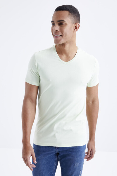 Tommylife Wholesale V Neck Standard Fit Basic Men's T-Shirt 87912 Light Green - Thumbnail