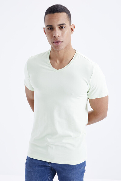 Tommylife Wholesale V Neck Standard Fit Basic Men's T-Shirt 87912 Light Green - Thumbnail