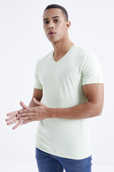 Tommylife Wholesale V Neck Standard Fit Basic Men's T-Shirt 87912 Light Green - Thumbnail