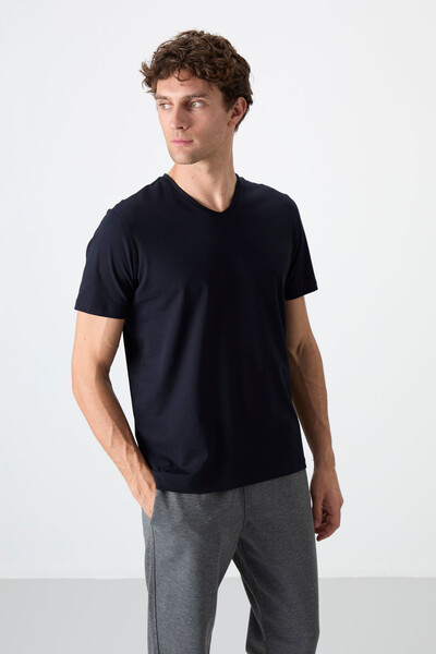 Tommylife Wholesale V Neck Standard Fit Basic Men's T-Shirt 87912 Navy Blue - Thumbnail