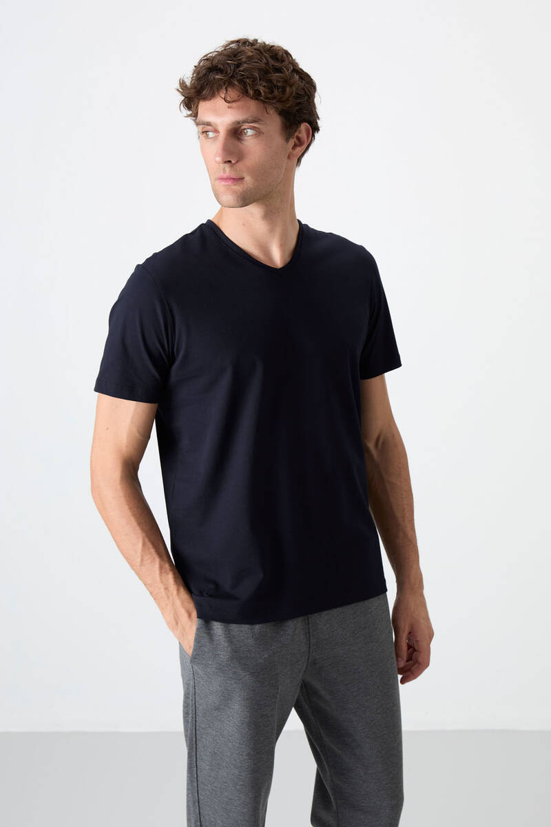 TOMMYLIFE - Tommylife Wholesale V Neck Standard Fit Basic Men's T-Shirt 87912 Navy Blue