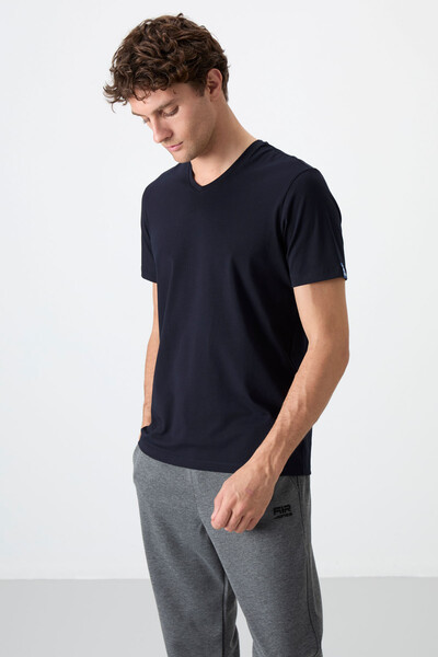 Tommylife Wholesale V Neck Standard Fit Basic Men's T-Shirt 87912 Navy Blue - Thumbnail