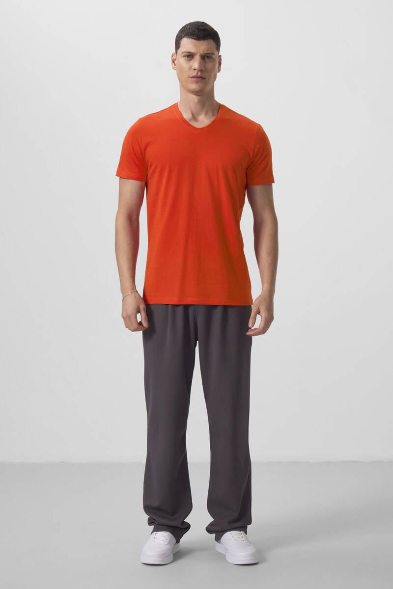 TOMMYLIFE - Tommylife Wholesale V Neck Standard Fit Basic Men's T-Shirt 87912 Orange