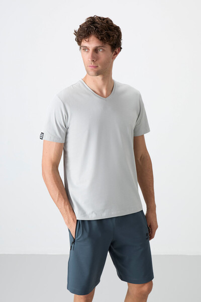 Tommylife Wholesale V Neck Standard Fit Basic Men's T-Shirt 87912 Stone - Thumbnail