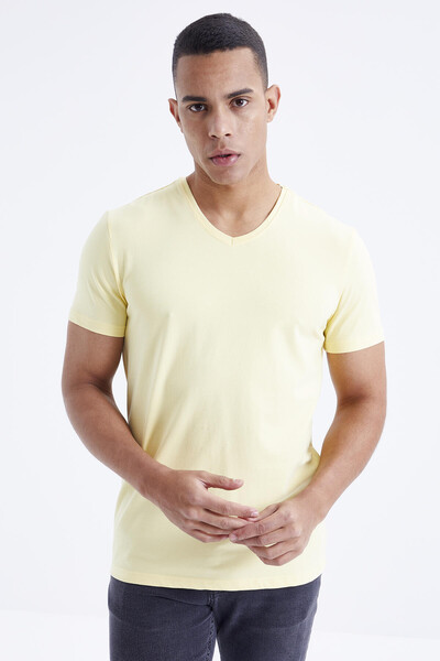 Tommylife Wholesale V Neck Standard Fit Basic Men's T-Shirt 87912 Yellow - Thumbnail