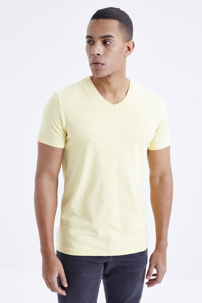 Tommylife Wholesale V Neck Standard Fit Basic Men's T-Shirt 87912 Yellow - Thumbnail