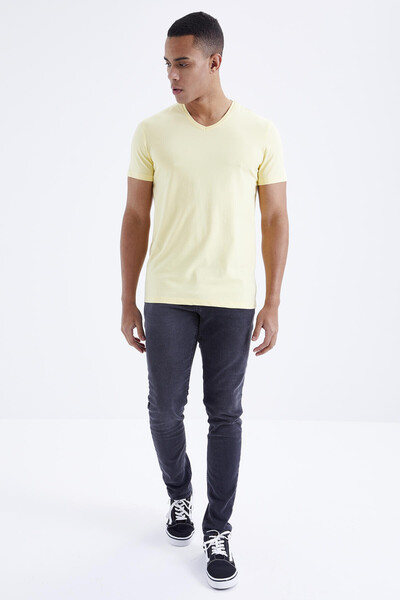 Tommylife Wholesale V Neck Standard Fit Basic Men's T-Shirt 87912 Yellow - Thumbnail