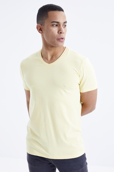 Tommylife Wholesale V Neck Standard Fit Basic Men's T-Shirt 87912 Yellow - Thumbnail