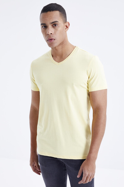 Tommylife Wholesale V Neck Standard Fit Basic Men's T-Shirt 87912 Yellow - Thumbnail