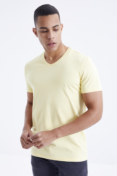 Tommylife Wholesale V Neck Standard Fit Basic Men's T-Shirt 87912 Yellow - Thumbnail