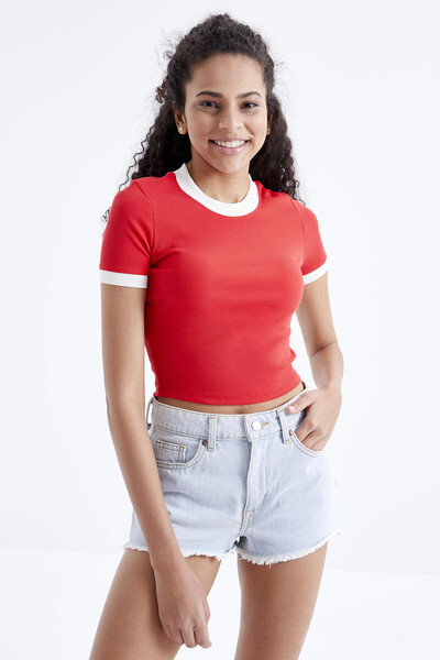 Tommylife Wholesale Vermilion Basic Crew Neck Women's Crop Top T-Shirt - 97200 - Thumbnail