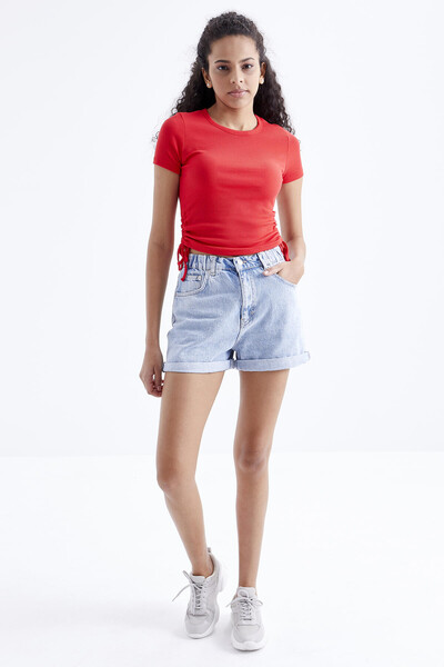 Tommylife Wholesale Vermilion Basic Side Drawstring Bike Collar Crop Top Women's T-shirt - 97203 - Thumbnail