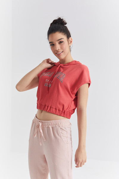 Tommylife Wholesale Vermilion Hooded With Text Printed Elastic Waist Crop Top Women's T-shirt - 97230 - Thumbnail