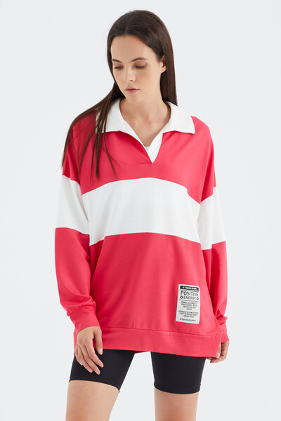Tommylife Wholesale Viva Red Polo Neck Oversize Women's Sweatshirt - 02377 - Thumbnail