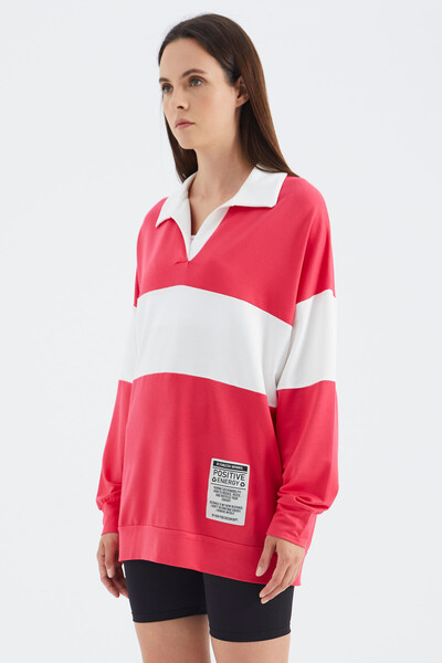 Tommylife Wholesale Viva Red Polo Neck Oversize Women's Sweatshirt - 02377 - Thumbnail