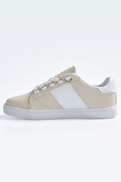 Tommylife Wholesale White - Beige Lace Up Faux Leather Women's Sneakers - 89202 - Thumbnail