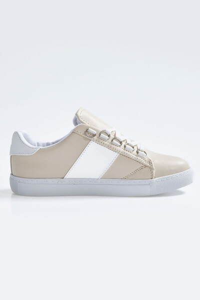 Tommylife Wholesale White - Beige Lace Up Faux Leather Women's Sneakers - 89202 - Thumbnail