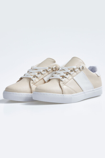 Tommylife Wholesale White - Beige Lace Up Faux Leather Women's Sneakers - 89202 - Thumbnail