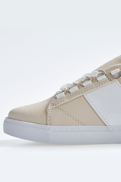 Tommylife Wholesale White - Beige Lace Up Faux Leather Women's Sneakers - 89202 - Thumbnail